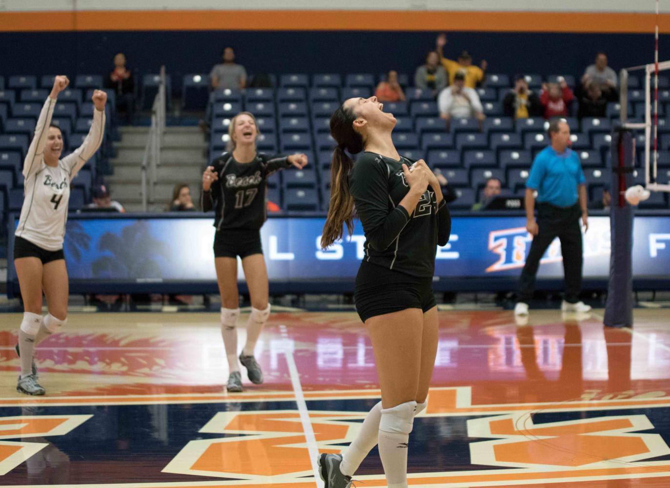 Senior Alexis Patterson celebrates LBSU's victory after sweeping Cal State Fullerton in Tuesday's match at Titan Gym.