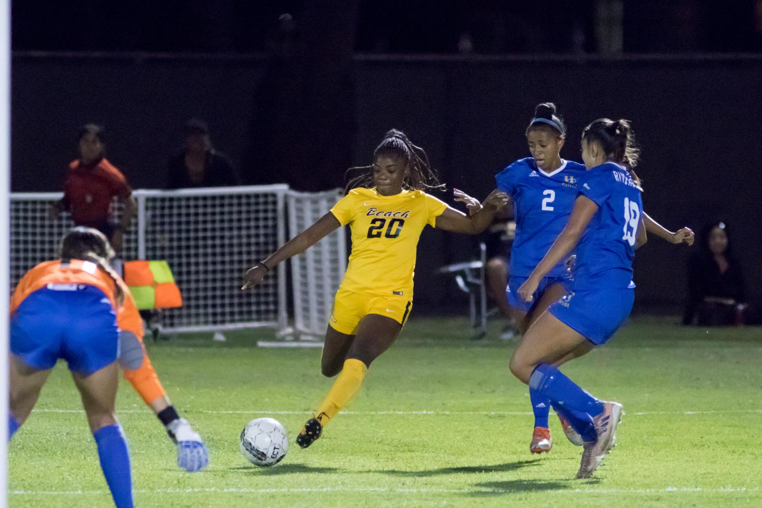 Long Beach State's senior Tori Bolden shoots the ball in Sunday's match against UC Riverside at George Allen Field.