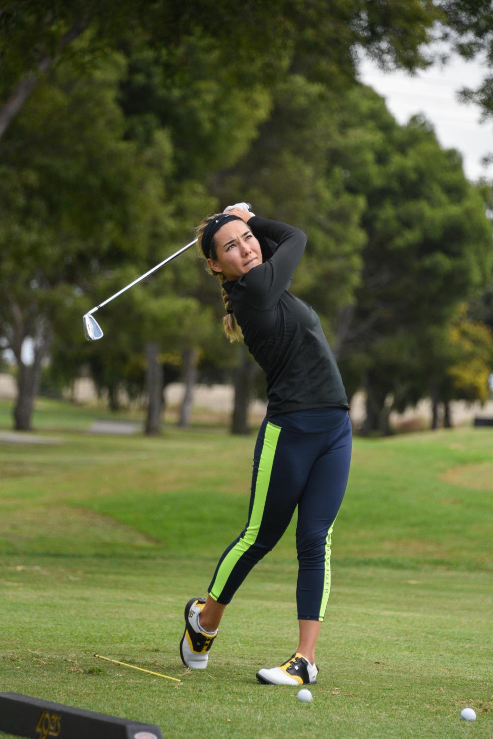 LBSU senior Jennifer Yu practices earlier this season. The 49ers most consistent scorer now has two top-25 finishes this fall thanks to a career-low three round score of 217.