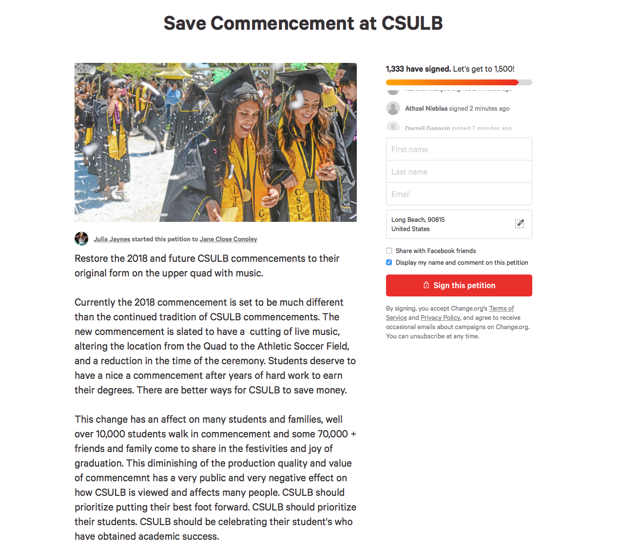 With confirmation from President Jane Close Conoley that the live band would not be present at the commencement stage for this spring’s graduating seniors, students set up a petition on Change.org to combat this decision. Currently, the petition has garned over 1,300 signatures.