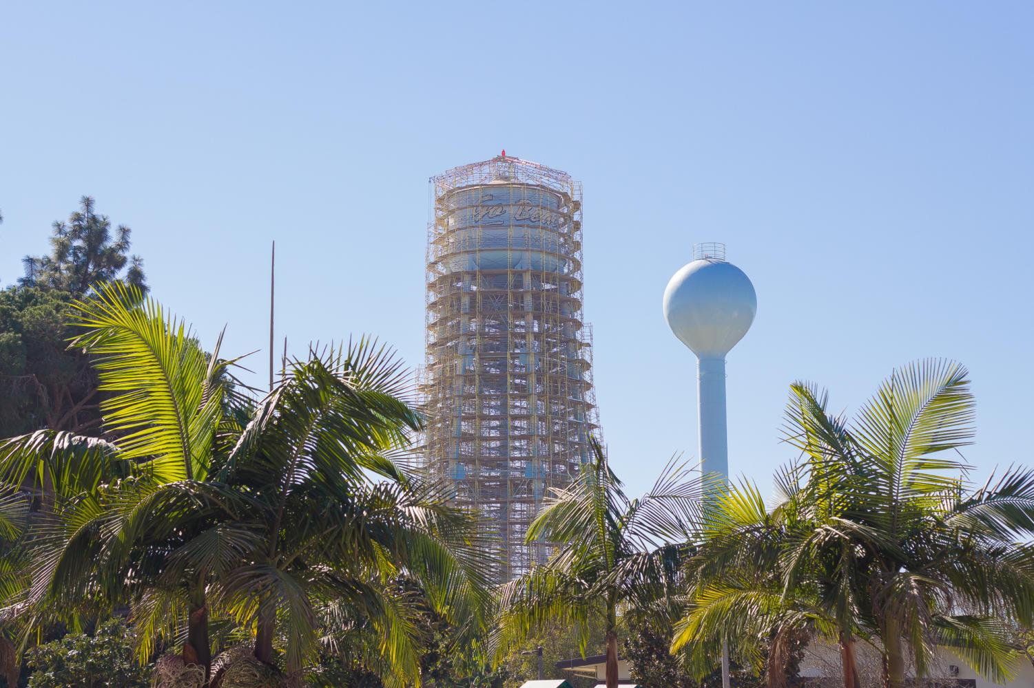 The water tower at Cal State Long Beach is currently undergoing routine maintenance to remove lead based paint located inside of the structure.