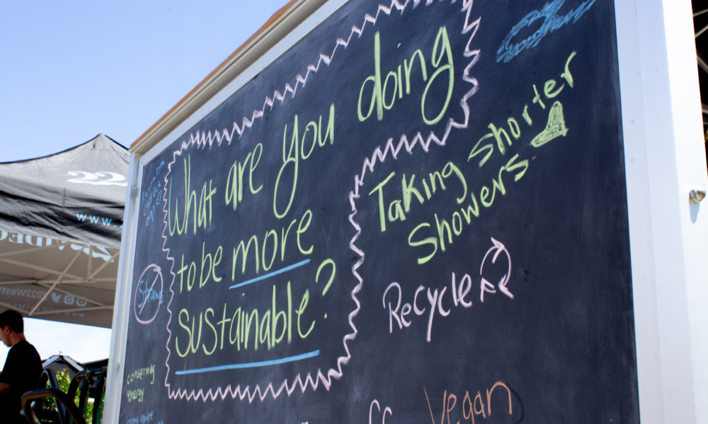 A chalkboard with "what are you doing to be more sustainable?" written on it.