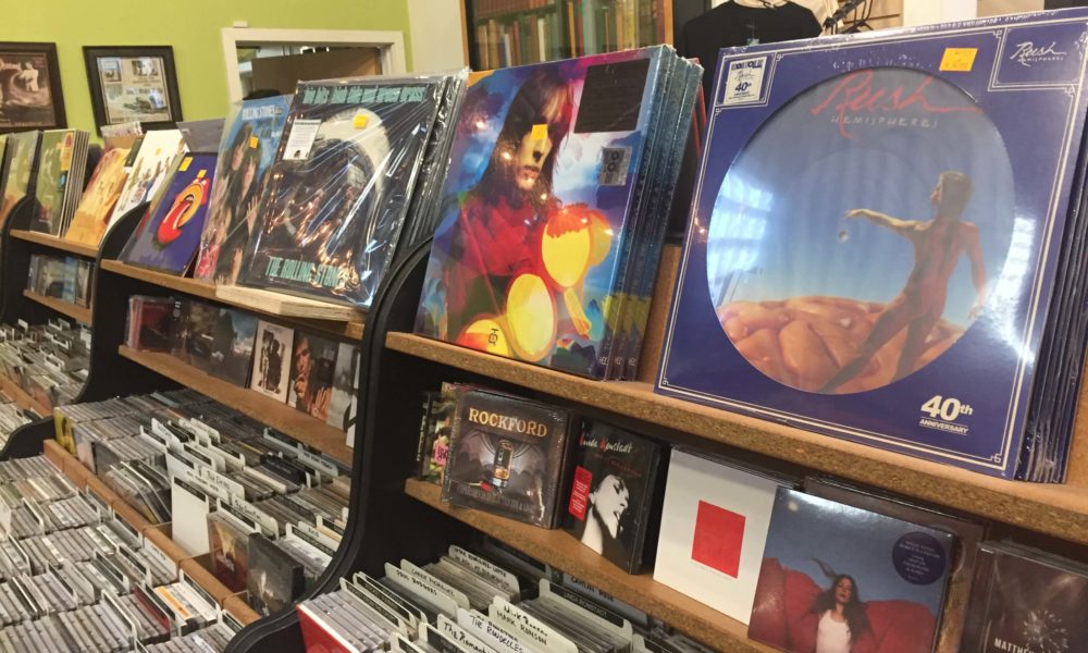 Colorful records on display at Fingerprints Music.