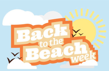 A graphic of the words "Back to the beach week" among clouds and the sun.
