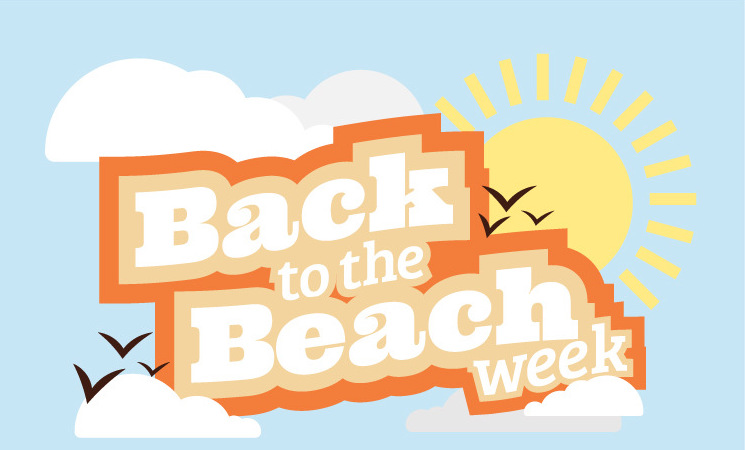 A graphic of the words "Back to the beach week" among clouds and the sun.