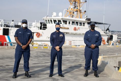 From left, Andrew Foster, Lieutenant Commander Stephen Bor and Lieutenant Quentin Long at the Los Angeles-Long Beach Coast Guard base.