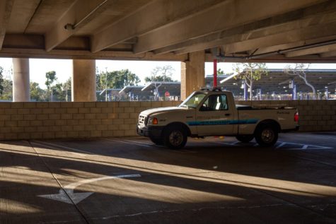 A parking enforcement vehicle sits inside the Walter Pyramid parking structure. Garrett Troutman/ Daily Forty-Niner
