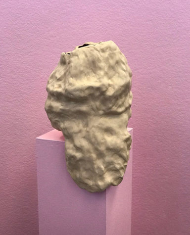 My body is a drug and you need it is a ceramic artwork created by Andrea Clary. The piece is meant to mimic the folds and textures of Clary's own body. Art courtesy of Andrea Clary.