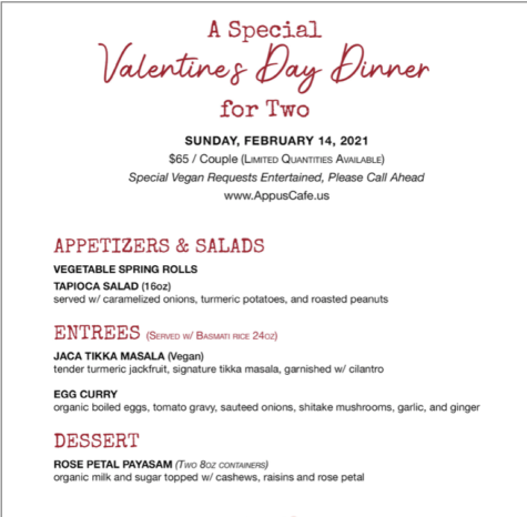 Appu’s Cafe Valentine's Day Dinner box menu includes different options for a three course meal.