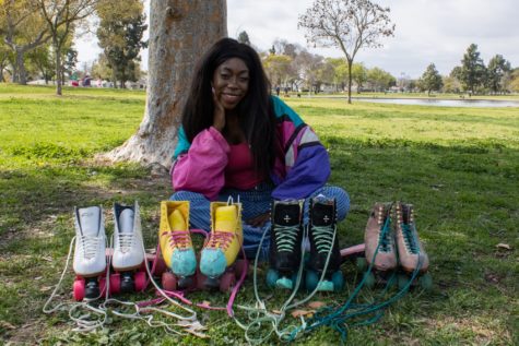 Jasmine Moore shows off her pairs of roller-skates.