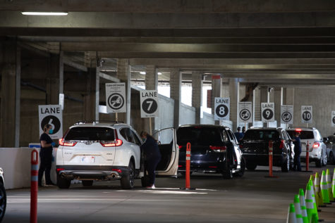 There are multiple lanes for drive-up vaccine appointments at the Long Beach Convention Center vaccination supersite, Jan. 21, 2021.