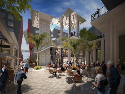 Mockup of the proposed construction project in Downtown Long Beach to include housing, retail space and a food hall. Credit: Ratkovich Properties