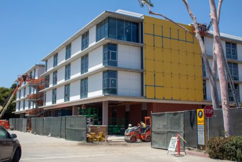 Workers continue with construction of the Parkside North Dormitory on April 27, 2021.