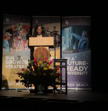 Provost and senior vice president Karyn Scissum Gunn speaks at the 2021 Long Beach State convocation.