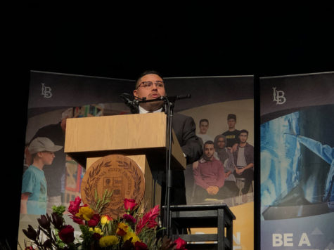 Associated Students, Inc. president Jesus Gonzalez gives a speech at the 2021 CSULB convocation.