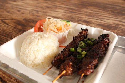 8/22/21 - LONG BEACH, CA: The three beef skewer is one of the most popular meals at the Naga Cafe.