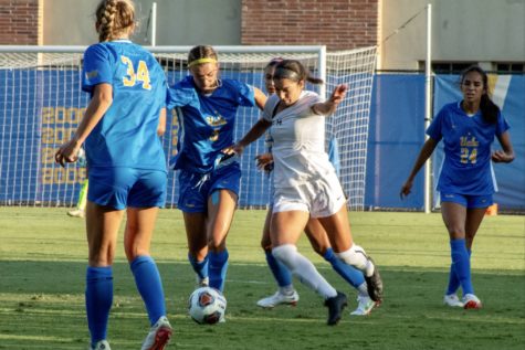 08/29/21 - Westwood, Calif: For large parts of the match, The UCLA Bruins defense swarmed CSULB junior forward Lena Silano who was left with little room to roam in the attack against the No. 4 Bruins.