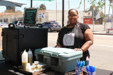 9/4/2021 - LONG BEACH, CA: Kristin Franklin is the chief behind Kay's Kreations, serving delicious tamales at the Plantiitas market this weekend.