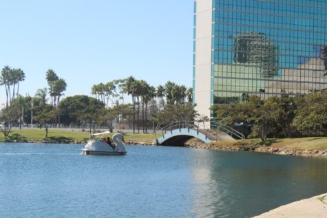 10/5/21 - LONG BEACH, CA: Rainbow Lagoon Park is a great place to walk around and see others as they paddle their swam boat by.