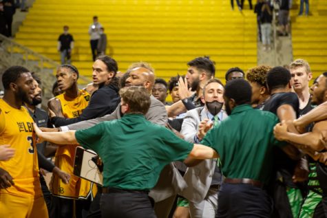11/17/21 - Walter Pyramid, CSULB: Coaches and players breakup a heated post-game confrontation between Long Beach and Utah Valley.