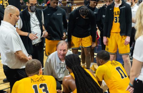 During a timeout in the first half, Dan Monson  say&squot;s "go to war" with UC Irvine as a call to action to win the game. CSULB won 73-67 on Saturday at the Pyramid.