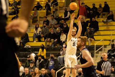 02/24/2022: Long Beach, CA- CSULB Forward Tobias Rotegaard throws up the open jumper against UC San Diego on Thursday in The Pyramid.