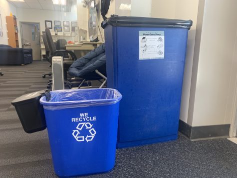 The trashcans in classrooms meant for mixed office paper recycling.