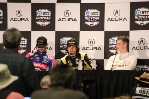 Alexander Rossi, Colton Herta, and Joseph Newgarden in the post-qualifying press conference.