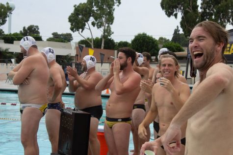 09/10/2022 - LONG BEACH, CALIF: The Alumni team celebrates scoring the first goal of the game during the CSULB MWPOLO vs. Alumni game.