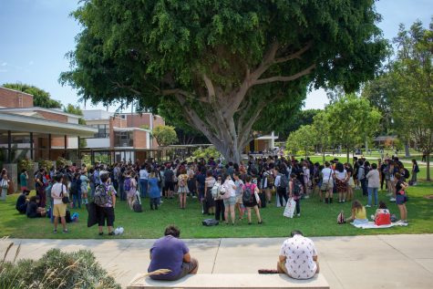 Students organize after walking out of their fine arts classes in protest.