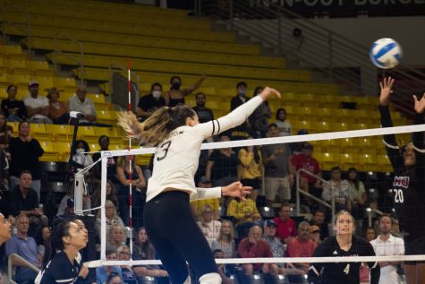 Long Beach State women's volleyball player Morgan Chacon hits the game-winning kill in the fifth and final set to give The Beach the win over Loyola Marymount University on Saturday at Walter Pyramid.