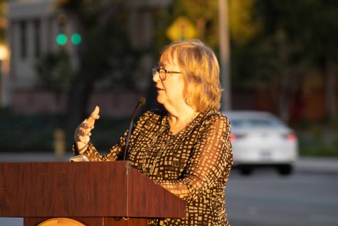 CSULB President Jane Close Conoley giving a speech before the ribbon cutting ceremony.
