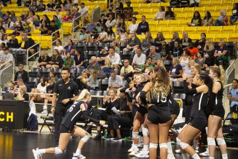 CSULB's Women's volleyball team celebrates getting a point on the bench during the game against Notre Dame inside the Walter Pyramid on Saturday, Sept. 3, 2022.