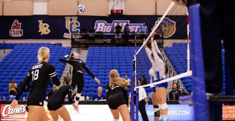 10/20/2022: Riverside, CA- The back and forth game between LBSU and the UCR Highlanders finally ended after five sets as LBSU redshirt junior outside hitter Morgan Chacon leaps into the air to spike the ball topward her opponent in the team's win on Thursday.