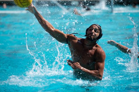 10/01/22: Claremont, CA- LBSU sophomore attacker Abdelrahman Soliman fires the ball toward the net in the water polo game on Saturday.