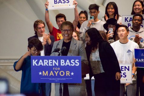 Congresswoman Karen Bass and Vermont greets supporters during a rally at campaigns for LA mayor.