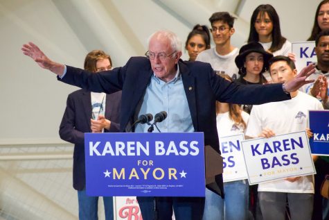 Vermont senator Bernie Sanders campaigns for Congresswoman Karen Bass during a rally at Playa Vista Park as Bass campaigns for LA mayor.