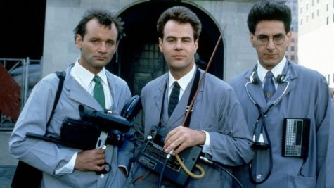 Billy Murray, Dan Aykroyd and Harold Ramis play the three main ghostbusters in the 1984 film. One part of the film has the three make a commercial for their business under the same name, Ghostbusters.