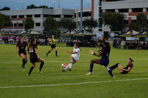 10/16/2022 - Long Beach, Calif: Long Beach State Women's Soccer player, Lena Silano, goes for a shot at goal during the first half of the Beach's matchup against Cal State Northridge at the George H. Allen Field.
