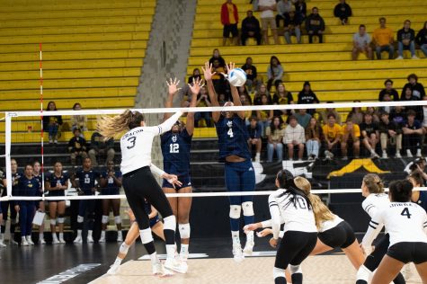 10/15/2022 - Long Beach, Calif: Long Beach State Women's Volleyball player Morgan Chacon (#3) goes for the kill attempt during Saturday night's game against UC Irvine inside the Walter Pyramid.