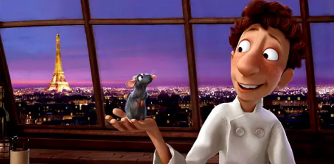Linguini (right) holding Remy (left/rat) in his palm, with a Paris skyline in the background.