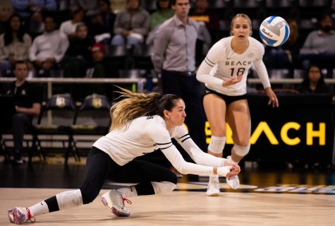 11/01/2022: Long Beach, CA- A dig is a dig for LBSU redshirt junior Morgan Chacon during the ninth consecutive win as Chacon sends a ball in the air to be set on Tuesday night against CSUF.