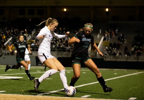 11/03/22: San Luis Obispo, CA- LBSU sophomore defender Summer Laskey makes a move on Cal Poly senior midfielder Megan Hansen as the only goal scorer in the game on Thursday at Cal Poly.