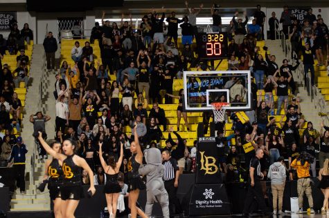 11/13/2022 - Long Beach, Calif: A packed out student section turns up at the Walter Pyramid in support of the Long Beach State men's basketball team in their regular season home-opener.