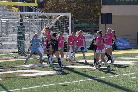 11/06/2022 - San Luis Obispo, Calif: The Long Beach State women's soccer team clash with the University of California Irvine Anteaters in the box during a corner kick at the Big West Championship game on Sunday.