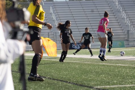 11/06/2022 - San Luis Obispo, Calif: Long Beach State women's soccer player, Cherrie Cox (#8), makes a run down the sideline to be a pass option for her teammates during the Big West Championship game against Irvine.