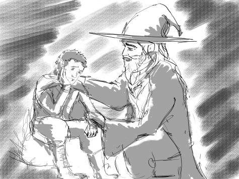 Gandalf comforting Frodo within the darkness of the Mines of Moria.