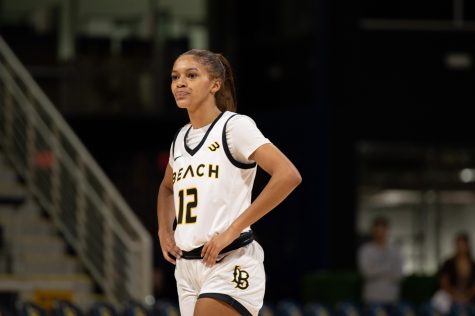 11/12/2022 - Long Beach, Calif: Long Beach State women's basketball player, Tori Harris (#12), lines up at the free throw line to shoot two free throws against La Sierra inside the Walter Pyramid.