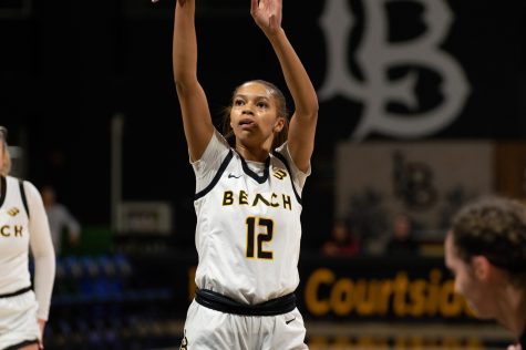 11/12/2022 - Long Beach, Calif: Long Beach State women's basketball player, Tori Harris (#12), shoots the second of two free throws during the regular season opener against La Sierra.
