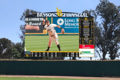 Concept of the new video board, which covers the entire scoreboard. Photo credit: LBSU Athletics.